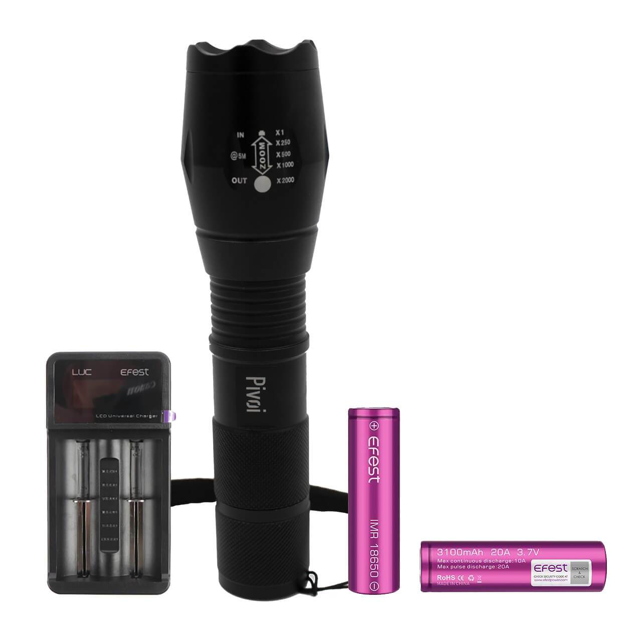 10W Rechargeable Water Resistant Flashlight with Efest LUC V2 Charger and 2 x 18650 Battery