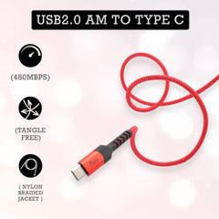 Pivoi USB 2.0 AM to Type C Fast Charging 6.6ft Long Nylon Cable, 1-Pack (Red)