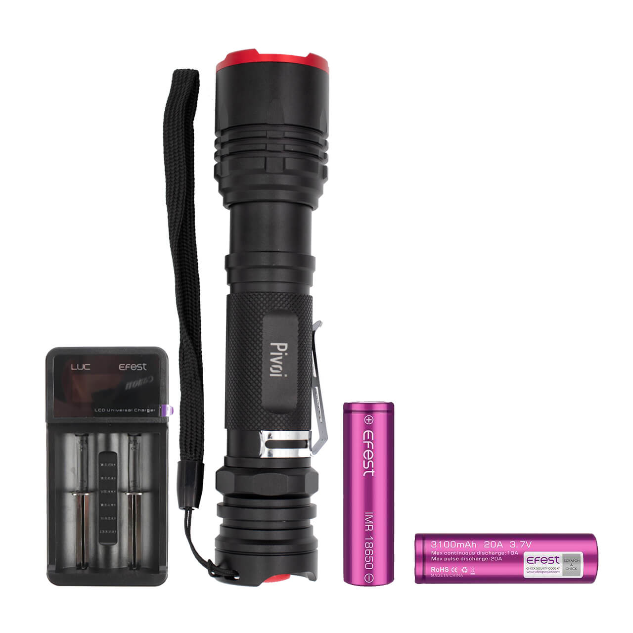 15W IP44 Water Resistant Flashlight with Efest LUC V2 Charger and 2 x 18650 Battery